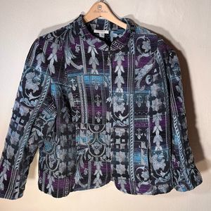Dressbarn Woman Tapestry Jacket Zip front blue / gray heavy but soft tapestry